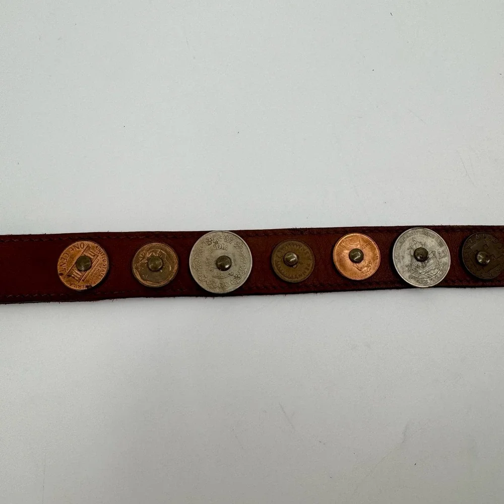 Vintage Leather Belt Womens XS Coin Studded International Currency Brown Boho